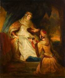 Lady Rowena recevant la cassette des mains de Rébecca (Eugène Devéria) - Muzeo.com