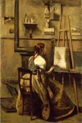 L'Atelier de Corot, jeune femme assise devant un chevalet (Jean-Baptiste Camille Corot) - Muzeo.com