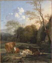 Le Bocage ; Vaches, ânes et moutons près d'un ruisseau (Karel Dujardin) - Muzeo.com