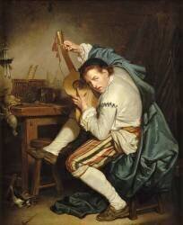 Le Guitariste dite Un Oiseleur qui, au retour de la chasse, accorde sa guitare (Jean-Baptiste Greuze) - Muzeo.com