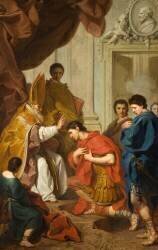 L'Empereur Théodose reçoit son pardon de saint Ambroise archevêque de Milan (Pierre Hubert Subleyras) - Muzeo.com