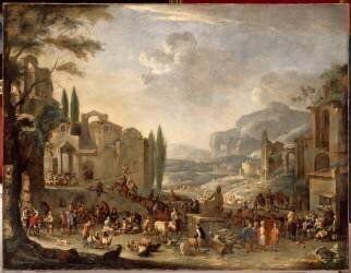 Marché en Italie avec représentation imaginaire de ruines (Pieter van Bredael) - Muzeo.com