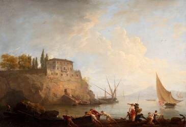 Marine, soleil couchant, pêcheurs poussant une barque (Joseph Vernet) - Muzeo.com