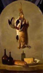 Nature morte : lièvre, canard, pain, fromage et flacons de vin (Jean-Baptiste Oudry) - Muzeo.com