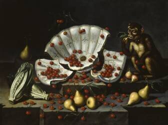 Nature morte avec bol brisé, cerises, poires et singe (anonyme) - Muzeo.com