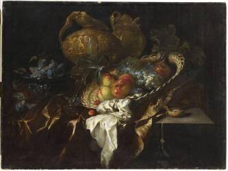 Nature morte avec un panier, divers fruits, des vases (anonyme) - Muzeo.com