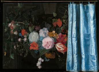 Nature morte avec une guirlande de fleurs et un rideau (Adriaen van der Spelt) - Muzeo.com