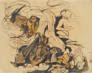 Objets divers, coin de lit à tête d'éléphant et femme nue (Eugène Delacroix) - Muzeo.com
