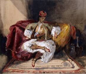 Oriental assis sur un divan tenant un narghilé (Eugène Delacroix) - Muzeo.com