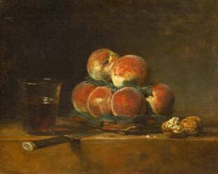 Panier de pêches, avec noix, couteau et verre de vin (Jean Siméon Chardin) - Muzeo.com