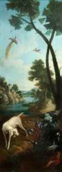 Paysage avec chien et faisans, oiseaux de paradis, iris (Christophe Huet) - Muzeo.com