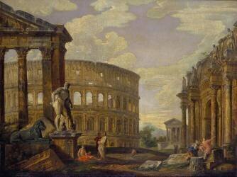 Paysage avec Hercule et ruines de la Rome antique (Giovanni Paolo Pannini) - Muzeo.com