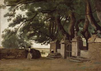 Paysage breton. Une grille ombragée par de grands arbres (Jean-Baptiste Camille Corot) - Muzeo.com