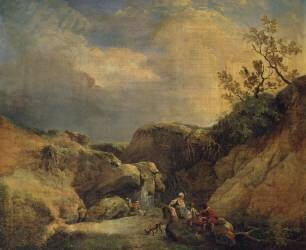 Paysage rocheux et boisé avec des voyageurs conversant près d'une chute d'eau (Hubert Robert) - Muzeo.com