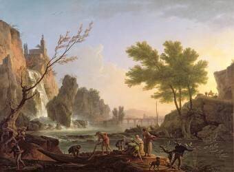 Pêcheur dans un paysage avec une cascade et un pont (Joseph Vernet) - Muzeo.com