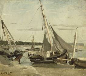 Trouville, bateaux de pêche échoués dans le chenal (Barques à voiles échouées à Trouville) (Jean-Baptiste Camille Corot) - Muzeo.com