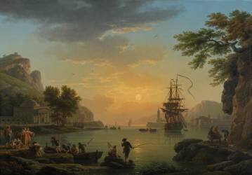Un paysage au coucher du soleil avec des pêcheurs revenant avec leur prise (Joseph Vernet) - Muzeo.com