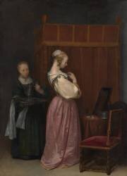 Une Jeune femme à sa toilette accompagnée d'une servante (Gérard ter Borch) - Muzeo.com