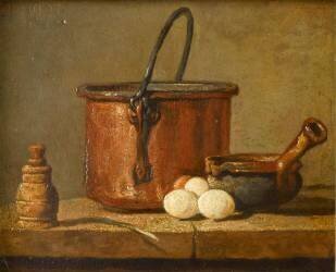 Ustensiles de cuisine, chaudron, poêlon et oeufs (Jean Siméon Chardin) - Muzeo.com