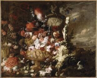 Vase de fleurs et fruits dans un paysage (Andrea Belvedere) - Muzeo.com