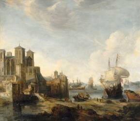 Vue imaginaire d'un port méridional avec le chevet de la cathédrale de Lyon (Jan Abrahamsz Beerstraten) - Muzeo.com