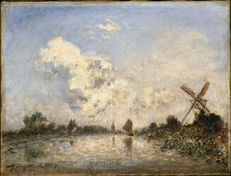 Cours d'eau en Hollande avec barque et moulin (Johan Barthold Jongkind) - Muzeo.com
