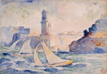 Entrée d'un port (Antibes) avec au premier plan deux voiliers et à l'arrière plan un phare (Henri-Edmond Cross) - Muzeo.com