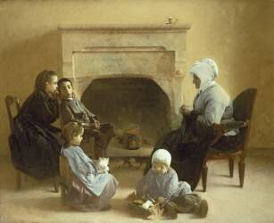 Famille assise autour d'un foyer (Henri Jules Jean Geoffroy) - Muzeo.com