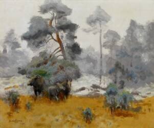 Famille d'élans entrant dans une clairière (Bruno Liljefors) - Muzeo.com