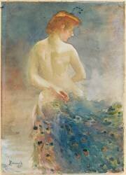 Femme nue, de dos, avec une queue de paon, la tête de profil à droite (Paul Besnard) - Muzeo.com