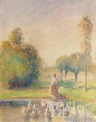 Jeune femme, dans une prairie, au bord d'une mare (Camille Pissarro) - Muzeo.com