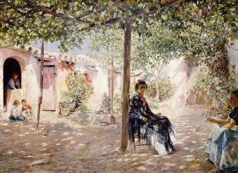 Dames dans une cour ensoleillée (José Gallegos y Arnosa) - Muzeo.com