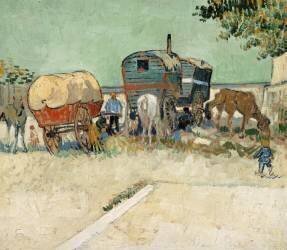 Les roulottes, campement de bohémiens aux environs d'Arles (Vincent van Gogh) - Muzeo.com