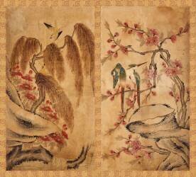 Paravent à huit panneaux : fleurs et oiseaux 