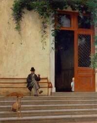 Pierre et Jean Gérôme, père et fils de l'artiste sur le seuil de sa maison de campagne (Jean-Léon Gérôme) - Muzeo.com