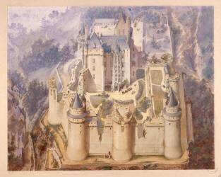 Pierrefonds, château, vue cavalière du château en partie restauré (Eugène Viollet-Le-Duc) - Muzeo.com