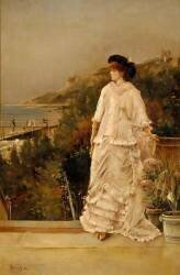 Portrait de femme en pied sur une terrasse au bord de la mer (Alfred Stevens) - Muzeo.com