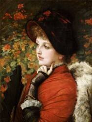 Portrait de Mlle. Kathleen Newton portant une robe rouge et un chapeau noir (James Tissot) - Muzeo.com