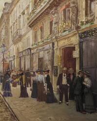 Des ouvriers quittent la Maison Paquin, dans la rue de La Paix. (Jean Béraud) - Muzeo.com