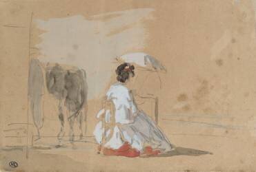 Une élégante, assise, à côté d'un cheval (Eugène Boudin) - Muzeo.com