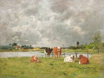 Vaches dans un champ sous un ciel orageux (Eugène Boudin) - Muzeo.com