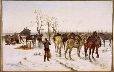 Bivouac de cavalerie en hiver, cuirassiers 1870-1871 (anonyme) - Muzeo.com