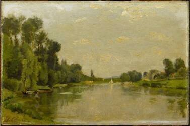 Bords de rivière au fond avec un voilier (Stanislas Victor Edouard...) - Muzeo.com