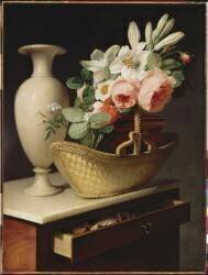 Bouquet de lis et de roses dans une corbeille posée sur une chiffonnière (Antoine Berjon) - Muzeo.com