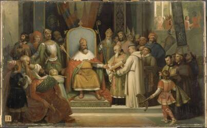 Charlemagne entouré de ses principaux officiers, reçoit Alcuin (Jules Laure) - Muzeo.com