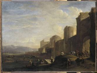 Charrette franchissant la porte d'une ville (Jacob van der Ulft) - Muzeo.com