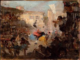 Course de taureaux improvisée sur une place publique d'une ville d'Espagne (esquisse) (Daniel Vierge) - Muzeo.com