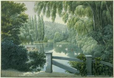 Douze vues du domaine de Malmaison : promenade des dames d'honneur sur la rivière. (Auguste Garneray) - Muzeo.com