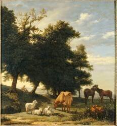 Le pâturage. Chevaux, vaches et brebis dans un pré (Karel Dujardin) - Muzeo.com