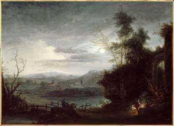 Paysage : clair de lune avec groupe de figures se chauffant près d'un feu (Jules César Denis van Loo) - Muzeo.com